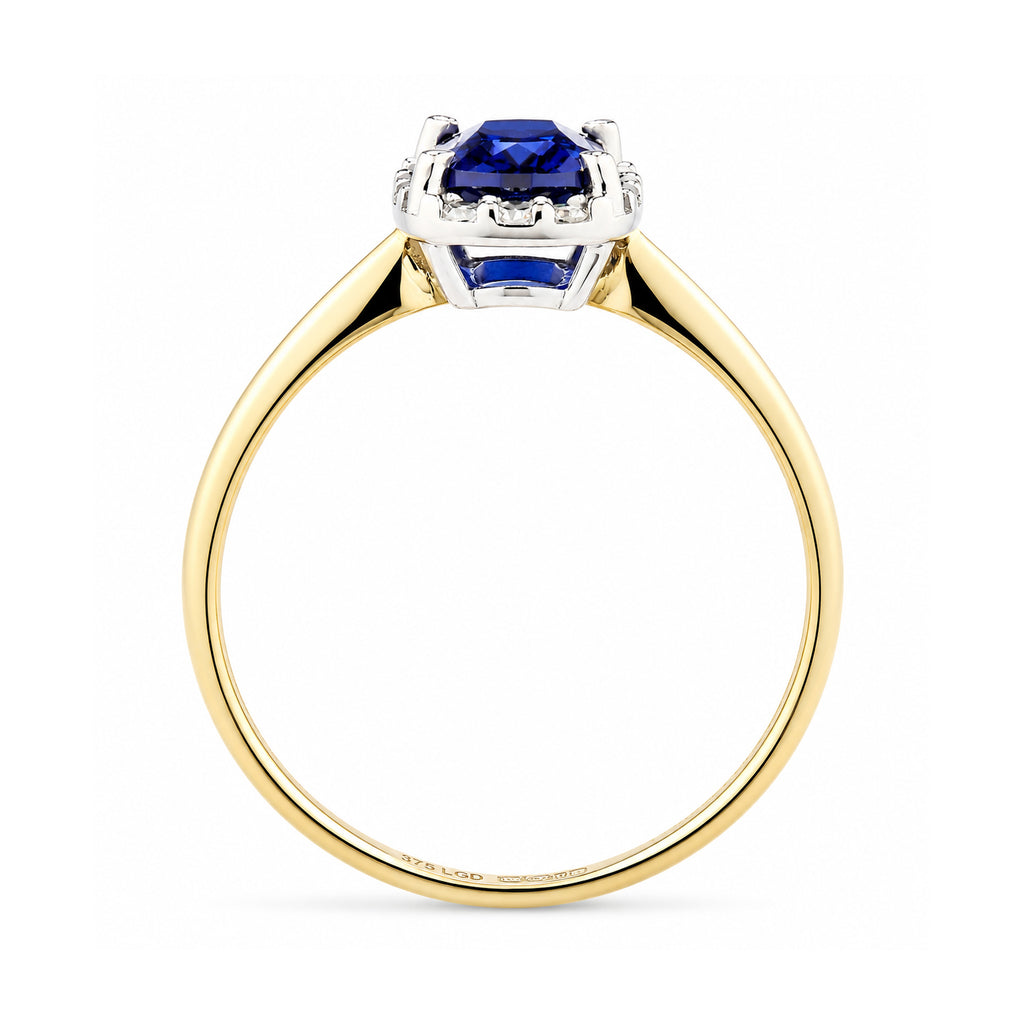 9ct Yellow Gold Lab Sapphire and Diamond Halo Ring