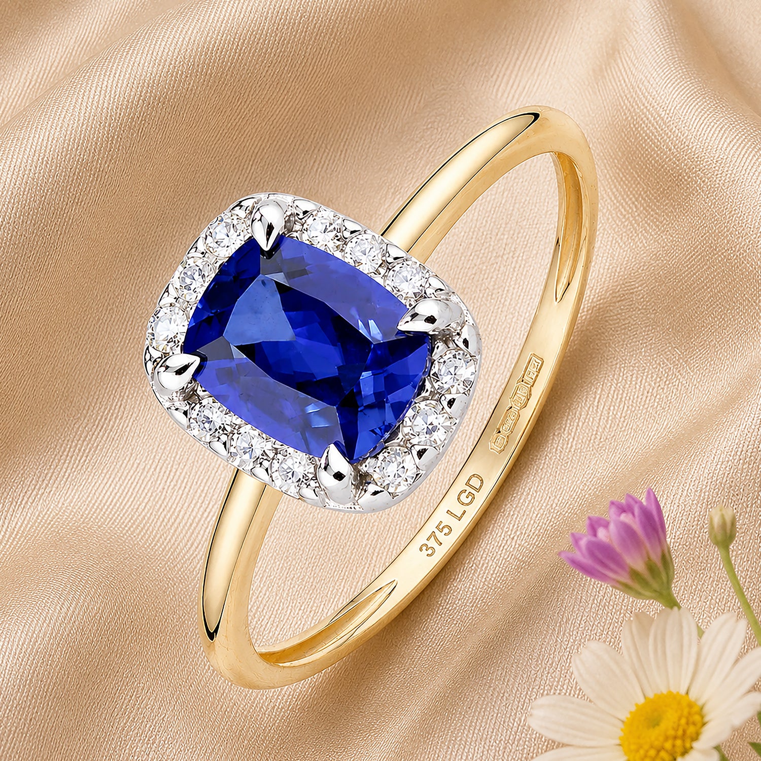9ct Yellow Gold Lab Sapphire and Diamond Halo Ring