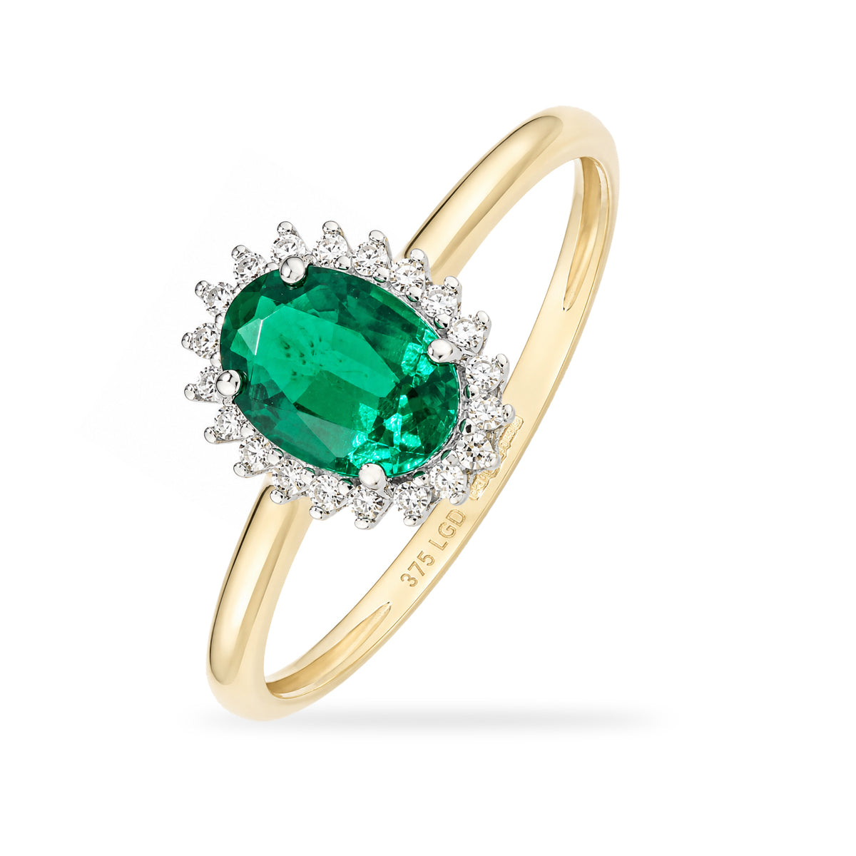 9ct Yellow Gold Lab Emerald and Diamond Halo Cluster Ring
