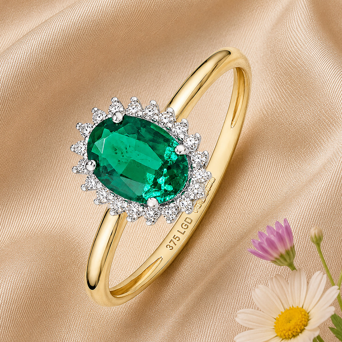 9ct Yellow Gold Lab Emerald and Diamond Halo Cluster Ring