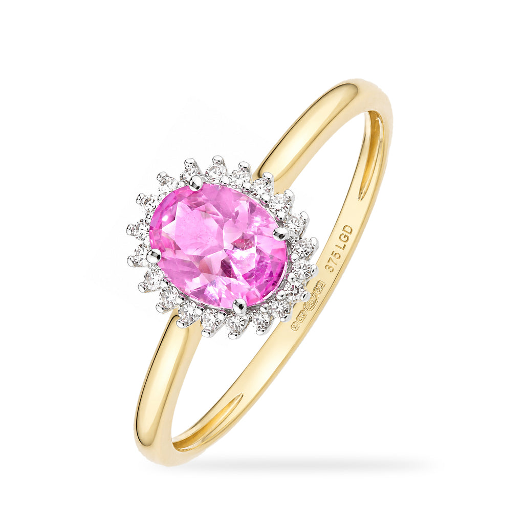 9ct Yellow Gold Lab Pink Sapphire and Diamond Halo Cluster Ring