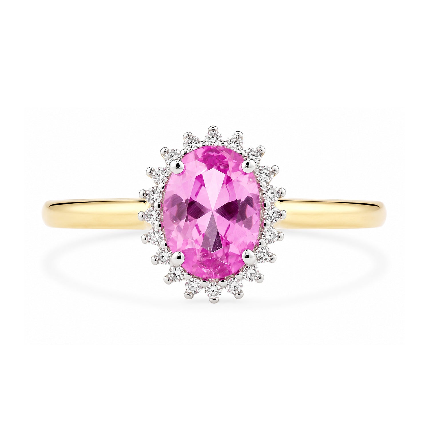 9ct Yellow Gold Lab Pink Sapphire and Diamond Halo Cluster Ring