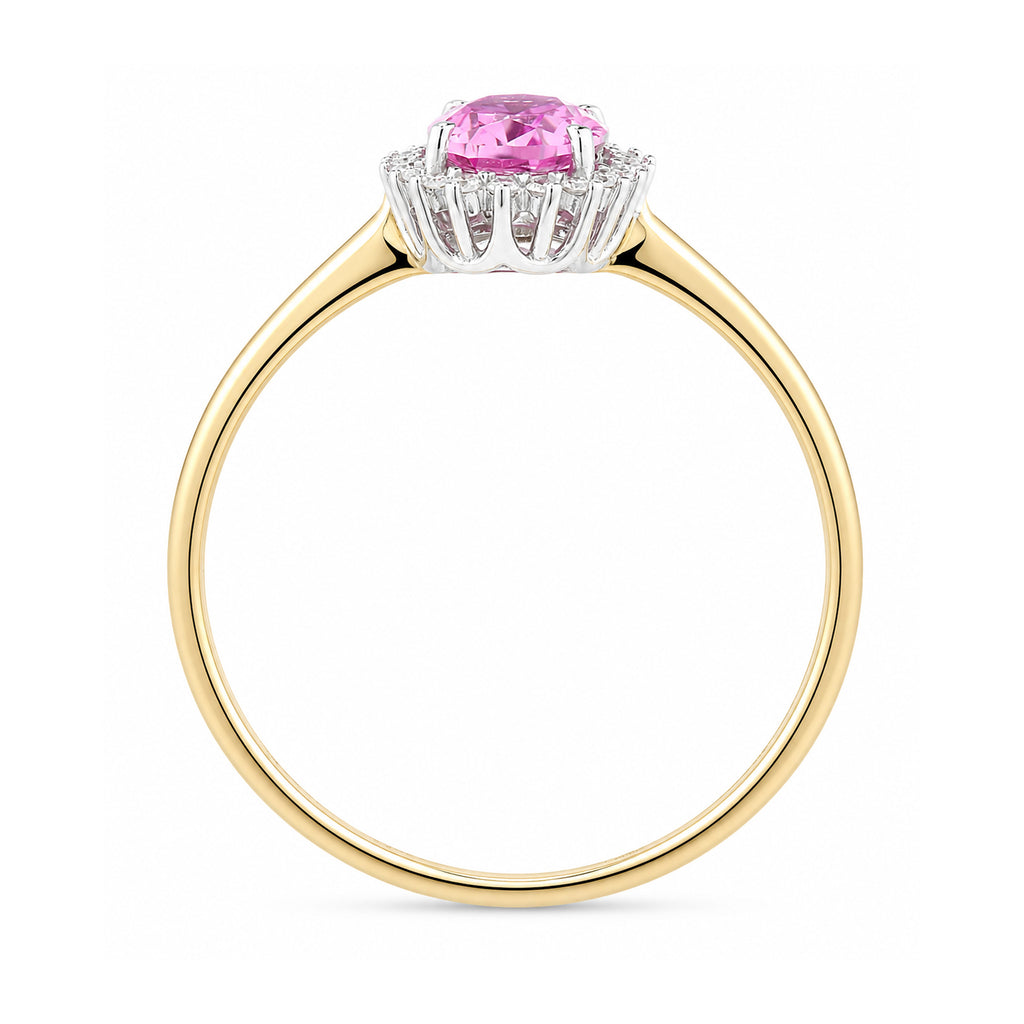 9ct Yellow Gold Lab Pink Sapphire and Diamond Halo Cluster Ring