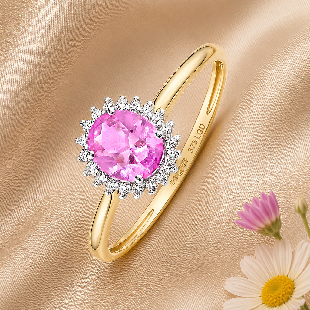 9ct Yellow Gold Lab Pink Sapphire and Diamond Halo Cluster Ring