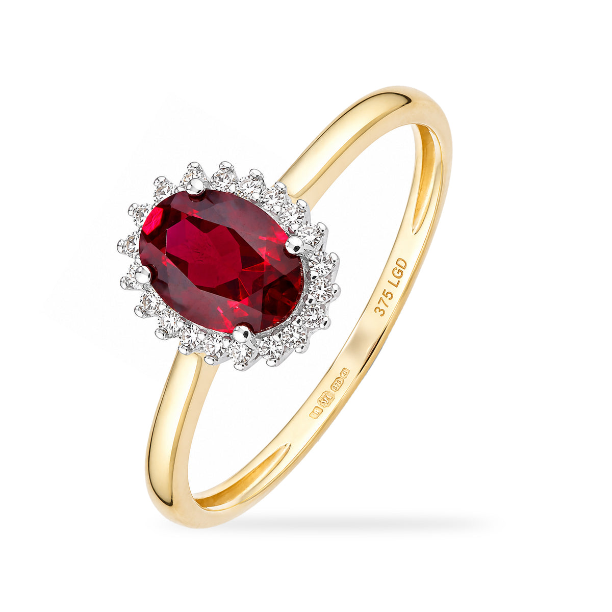 9ct Yellow Gold Lab Ruby and Diamond Halo Cluster Ring