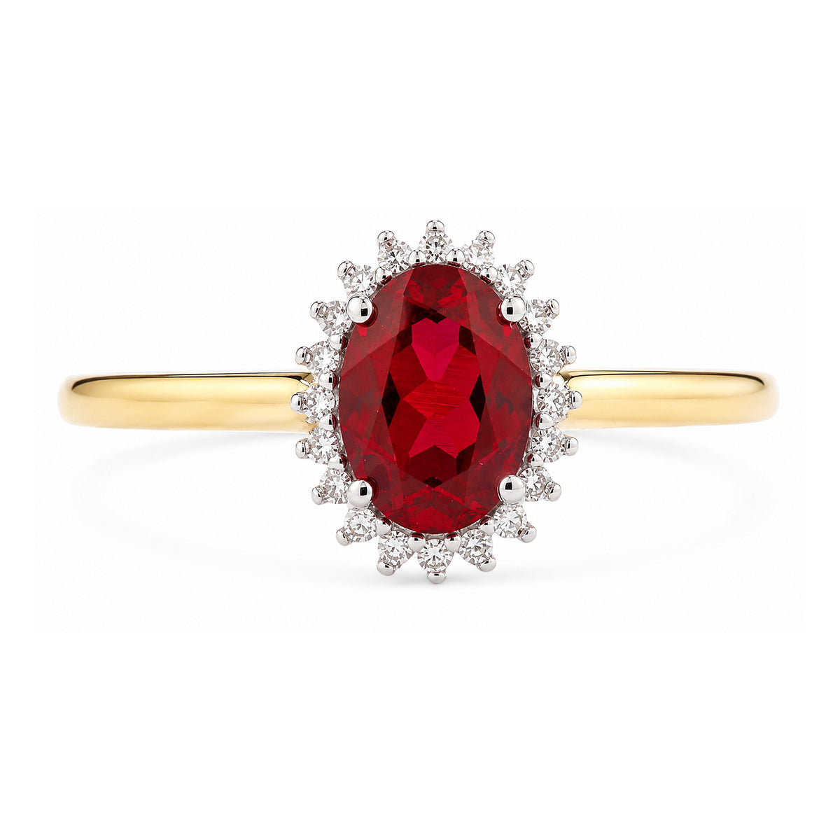 9ct Yellow Gold Lab Ruby and Diamond Halo Cluster Ring