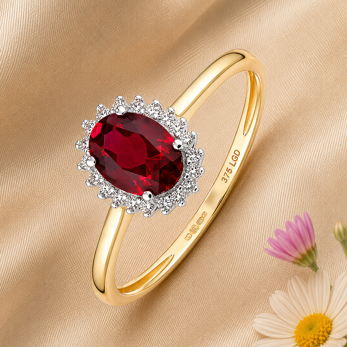 9ct Yellow Gold Lab Ruby and Diamond Halo Cluster Ring