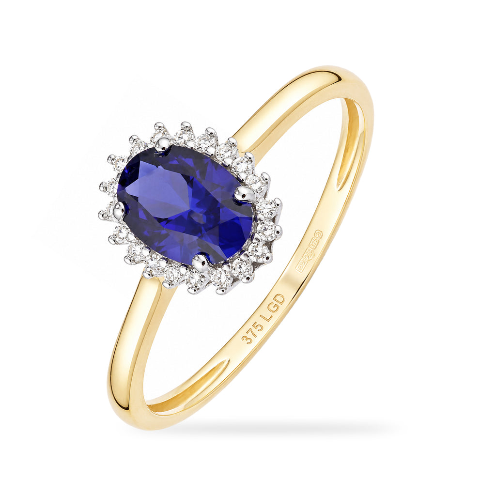 9ct Yellow Gold Lab Sapphire and Diamond Halo Cluster Ring