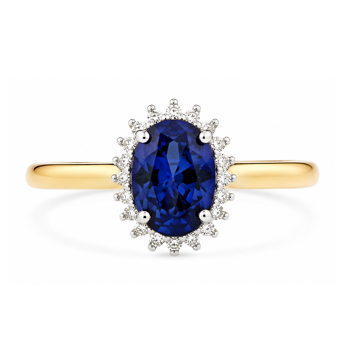 9ct Yellow Gold Lab Sapphire and Diamond Halo Cluster Ring