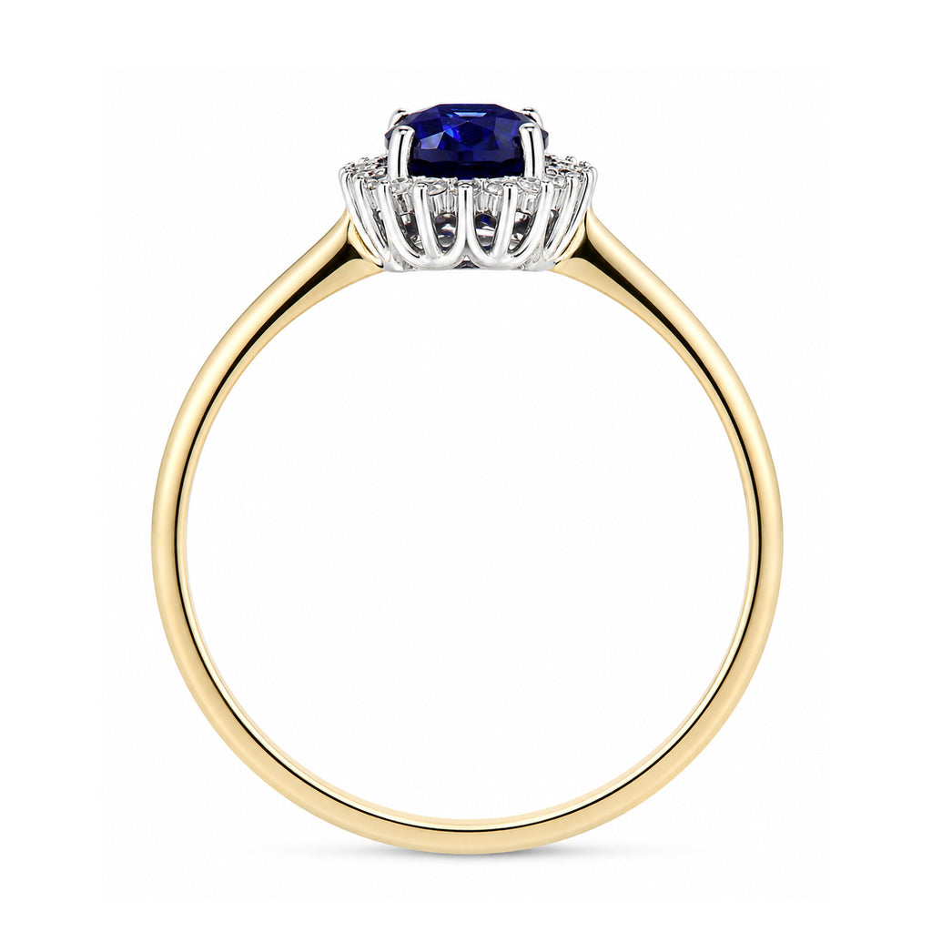 9ct Yellow Gold Lab Sapphire and Diamond Halo Cluster Ring