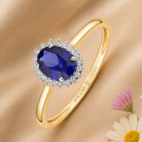 9ct Yellow Gold Lab Sapphire and Diamond Halo Cluster Ring