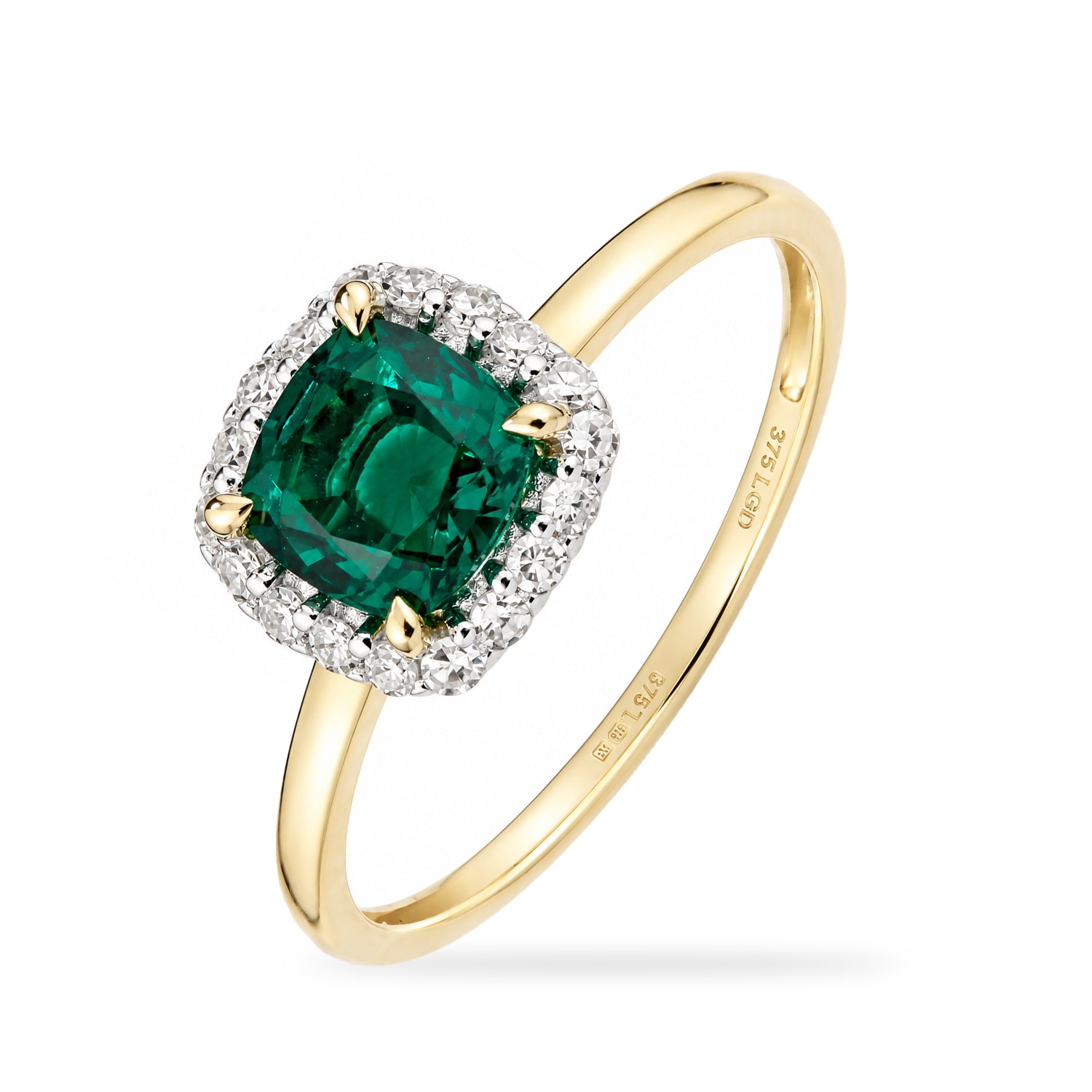 9ct Yellow Gold Lab Cushion Emerald and Diamond Halo Ring