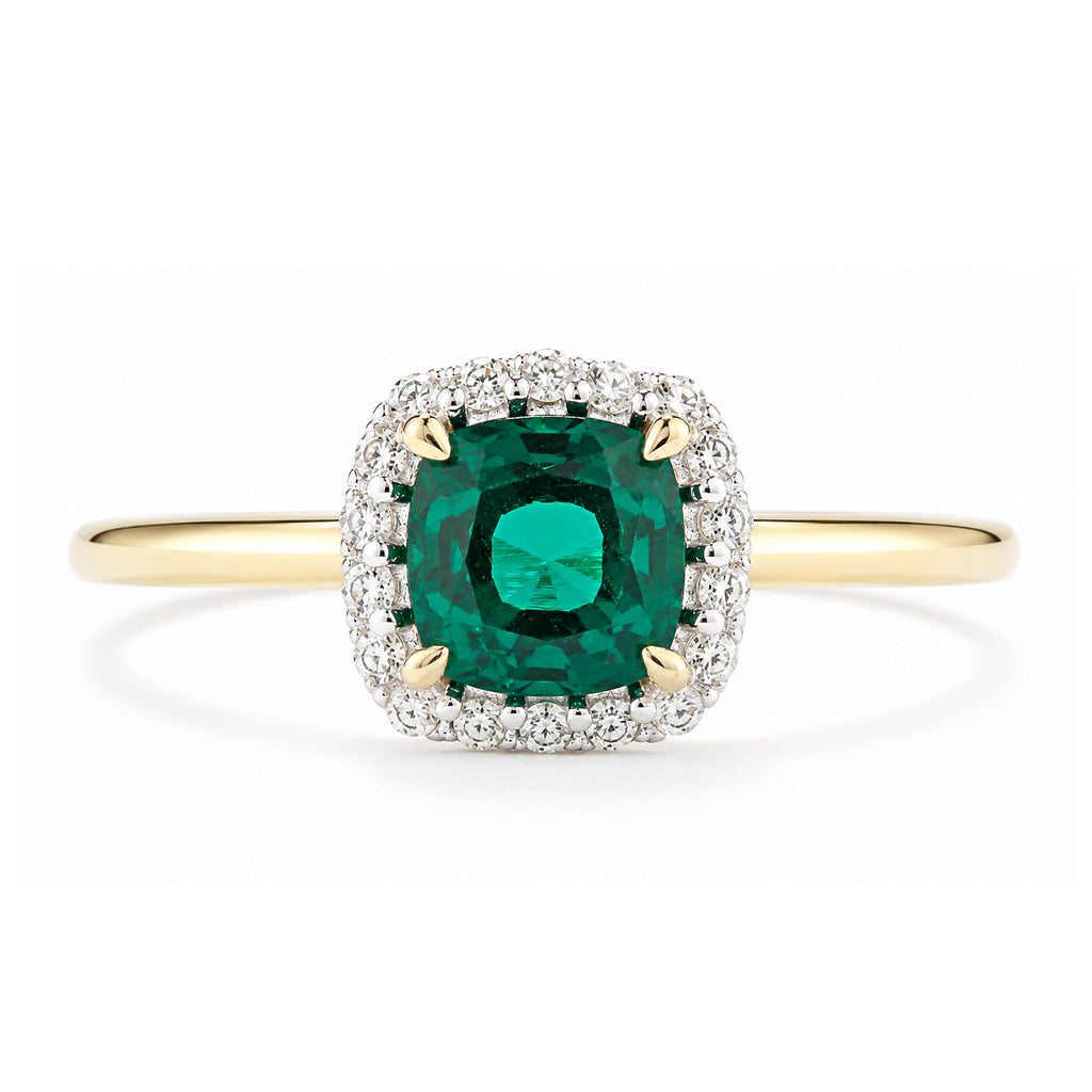 9ct Yellow Gold Lab Cushion Emerald and Diamond Halo Ring