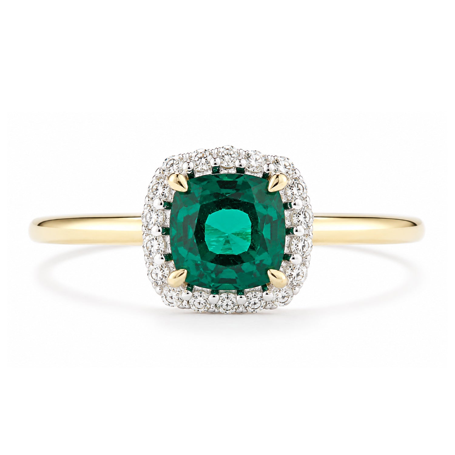 9ct Yellow Gold Lab Cushion Emerald and Diamond Halo Ring