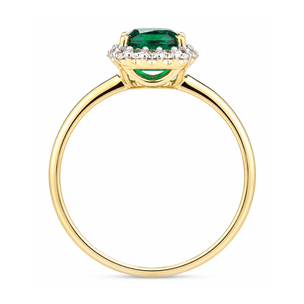 9ct Yellow Gold Lab Cushion Emerald and Diamond Halo Ring