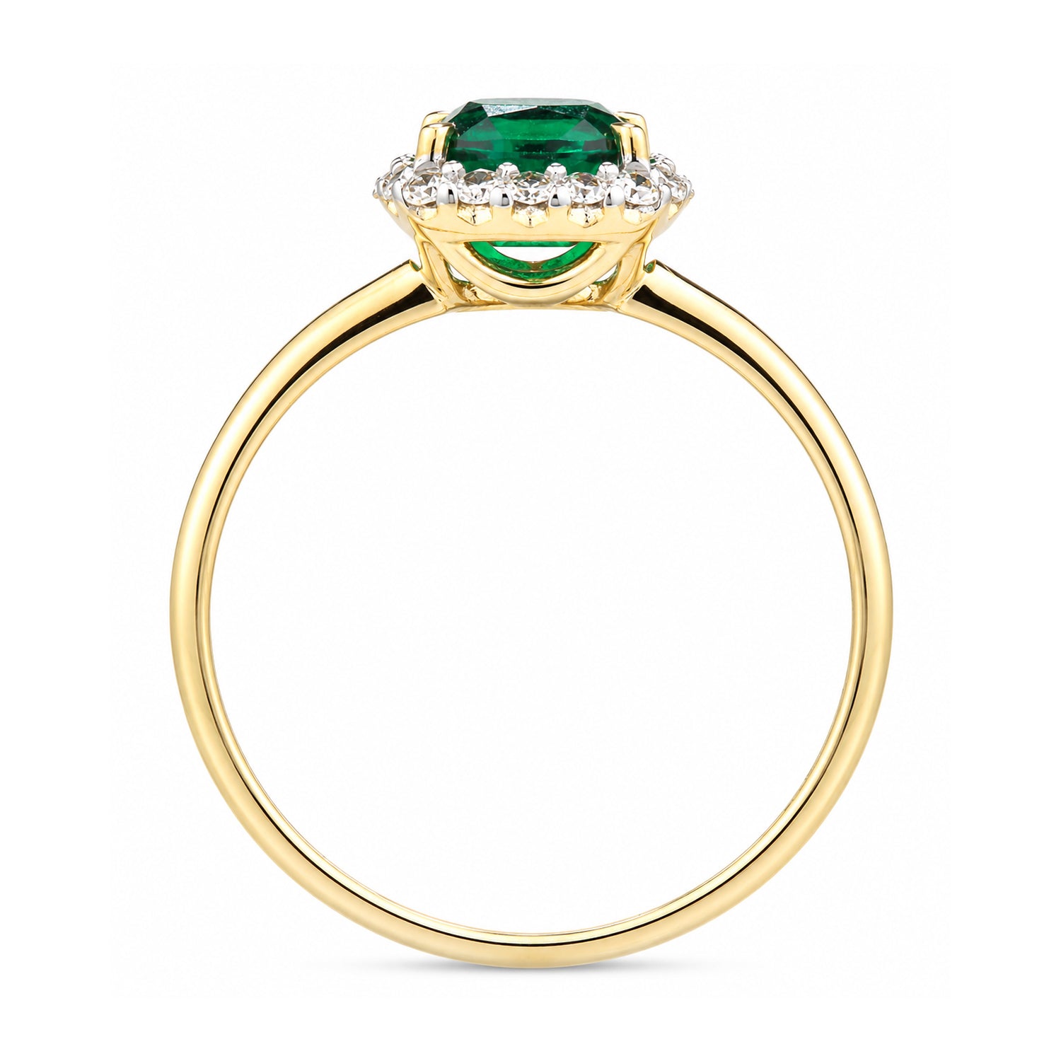 9ct Yellow Gold Lab Cushion Emerald and Diamond Halo Ring