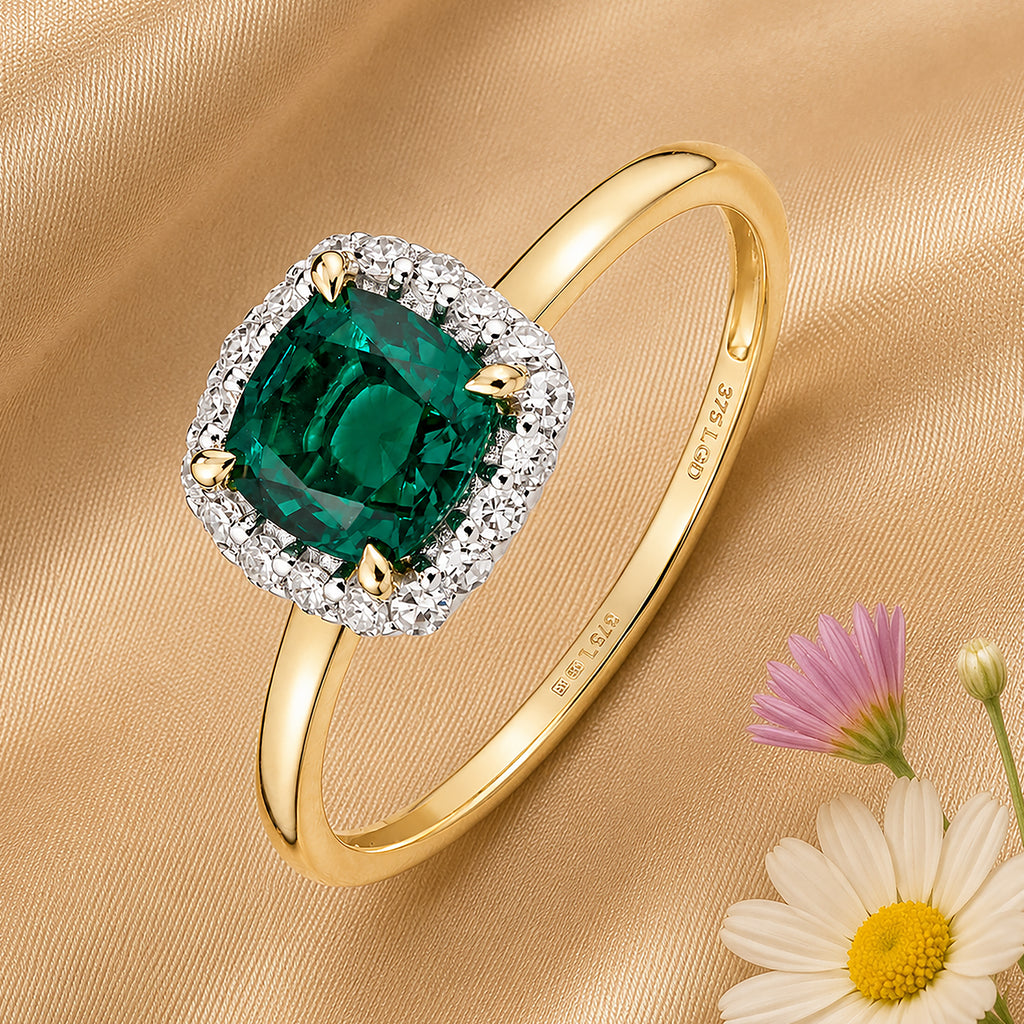 9ct Yellow Gold Lab Cushion Emerald and Diamond Halo Ring