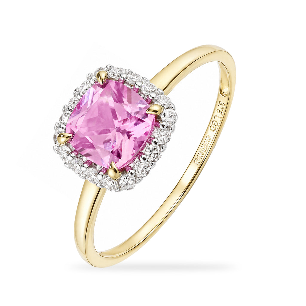 9ct Yellow Gold Lab Cushion Pink Sapphire and Diamond Halo Ring