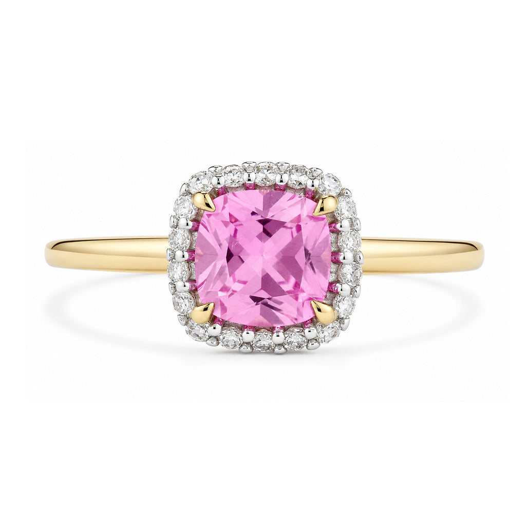 9ct Yellow Gold Lab Cushion Pink Sapphire and Diamond Halo Ring