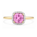 9ct Yellow Gold Lab Cushion Pink Sapphire and Diamond Halo Ring