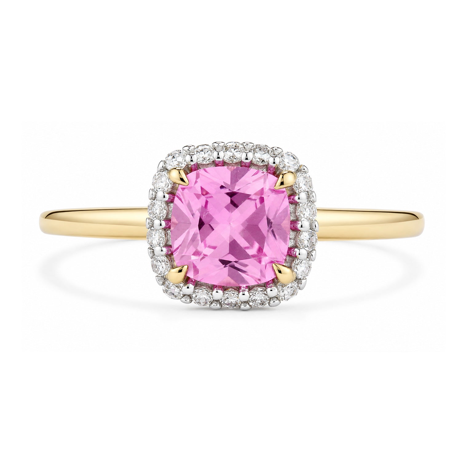 9ct Yellow Gold Lab Cushion Pink Sapphire and Diamond Halo Ring