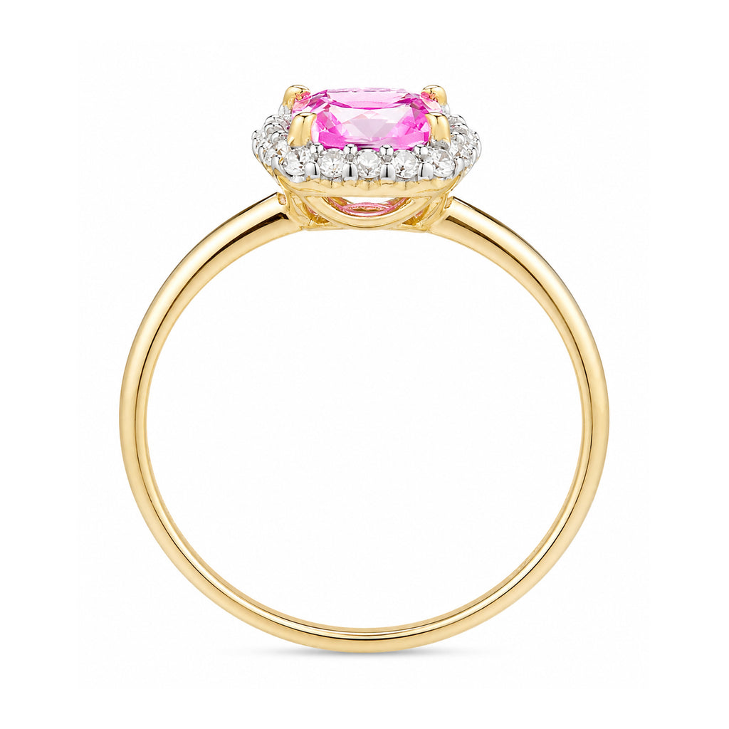 9ct Yellow Gold Lab Cushion Pink Sapphire and Diamond Halo Ring