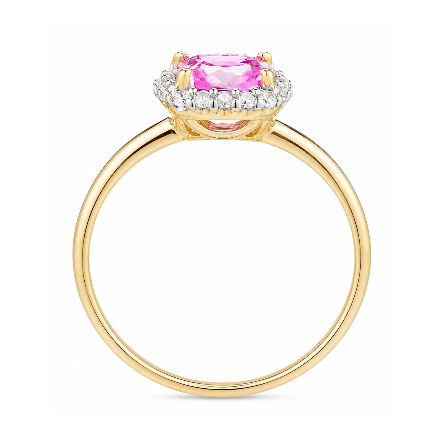 9ct Yellow Gold Lab Cushion Pink Sapphire and Diamond Halo Ring