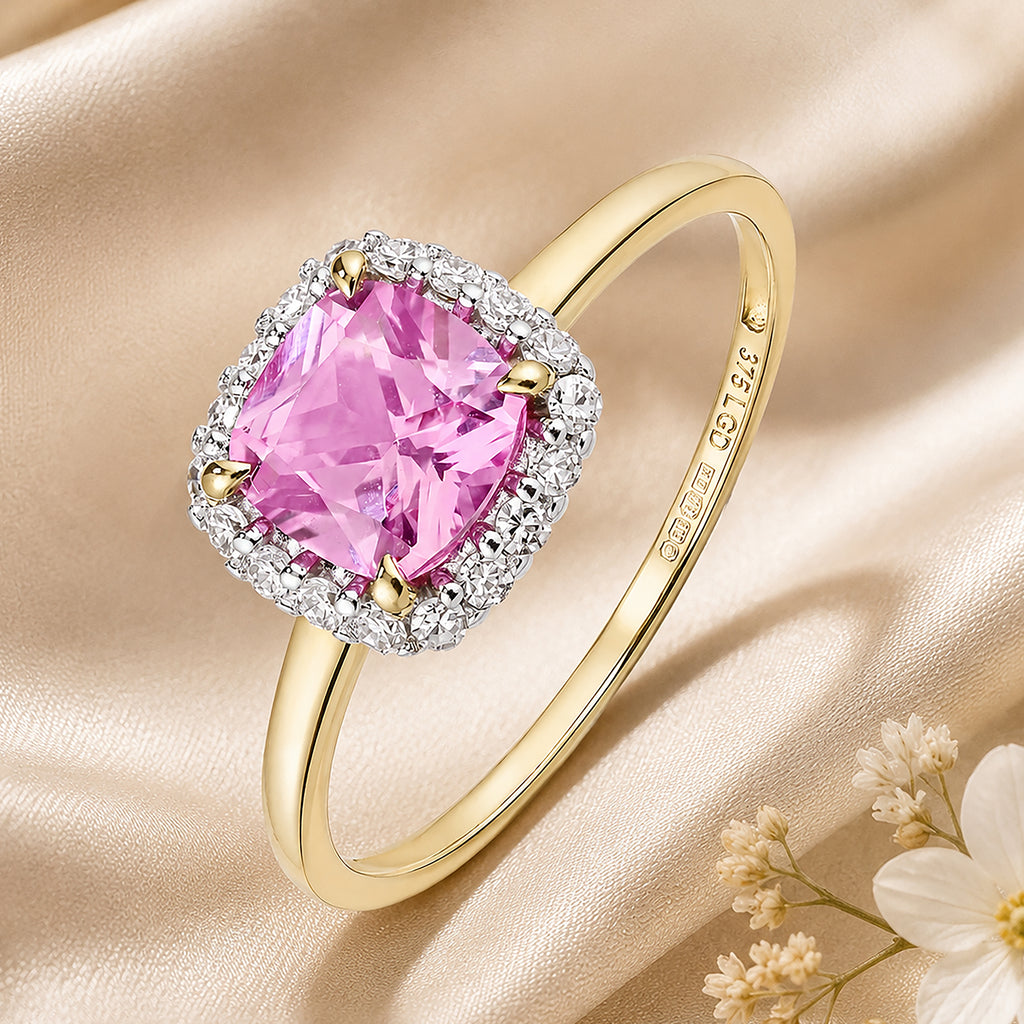 9ct Yellow Gold Lab Cushion Pink Sapphire and Diamond Halo Ring