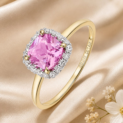 9ct Yellow Gold Lab Cushion Pink Sapphire and Diamond Halo Ring