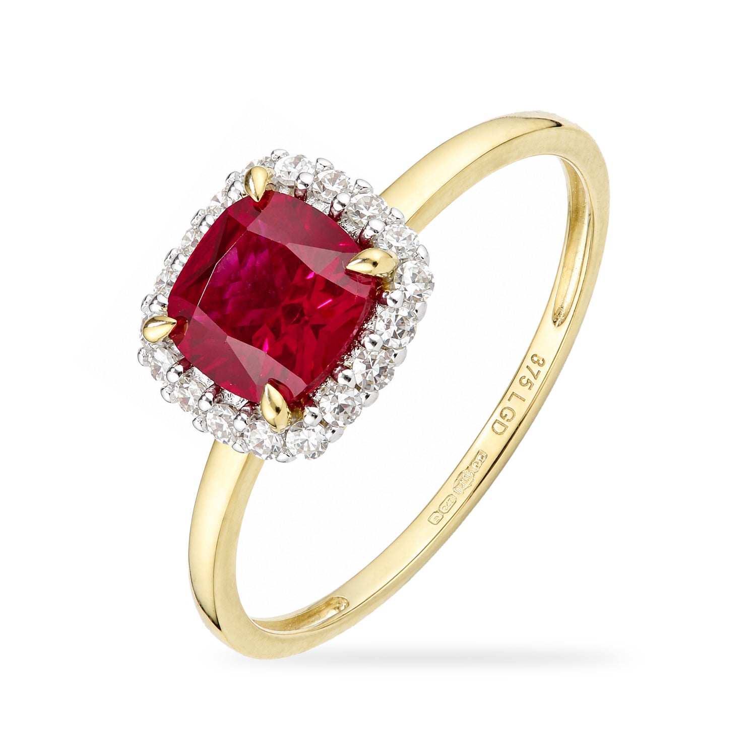 9ct Yellow Gold Lab Cushion Ruby and Diamond Halo Ring