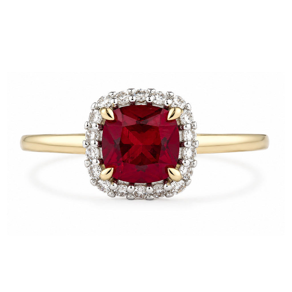 9ct Yellow Gold Lab Cushion Ruby and Diamond Halo Ring