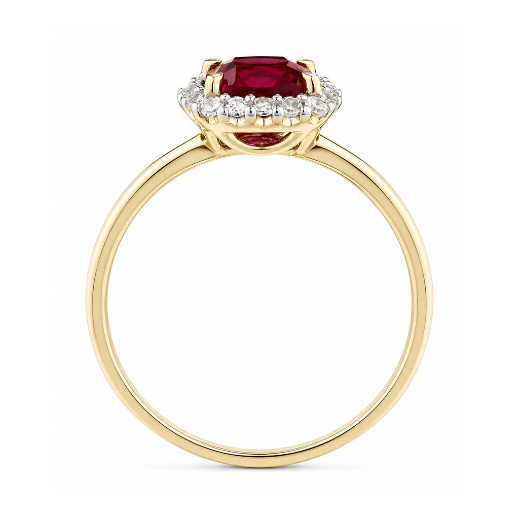 9ct Yellow Gold Lab Cushion Ruby and Diamond Halo Ring
