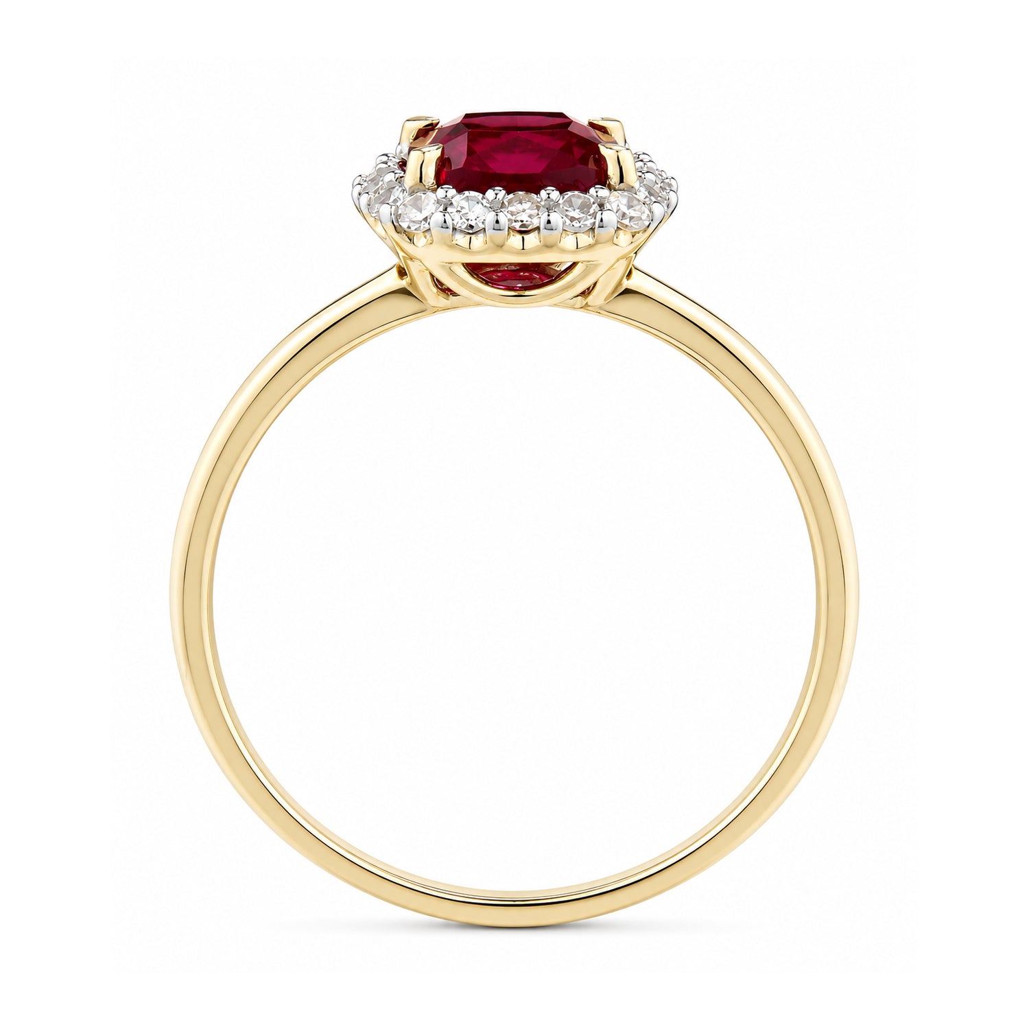 9ct Yellow Gold Lab Cushion Ruby and Diamond Halo Ring