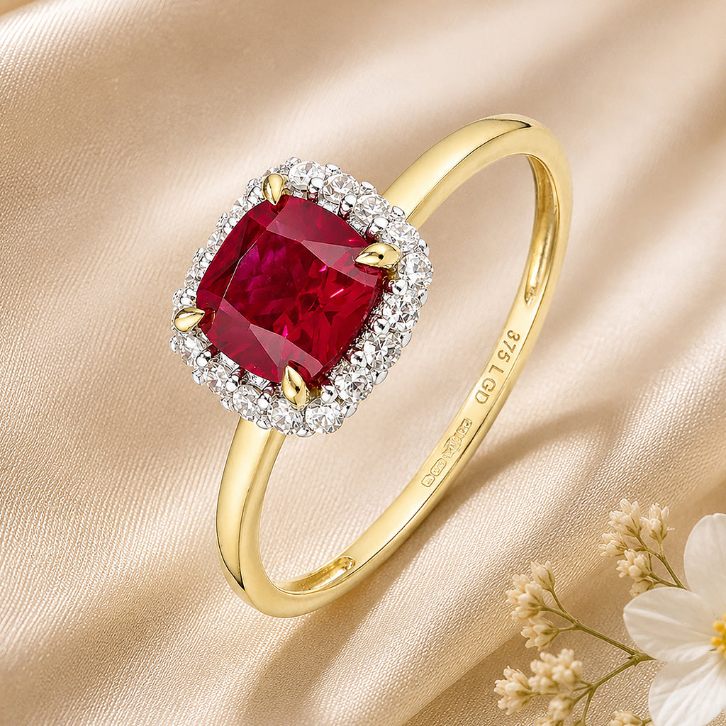 9ct Yellow Gold Lab Cushion Ruby and Diamond Halo Ring