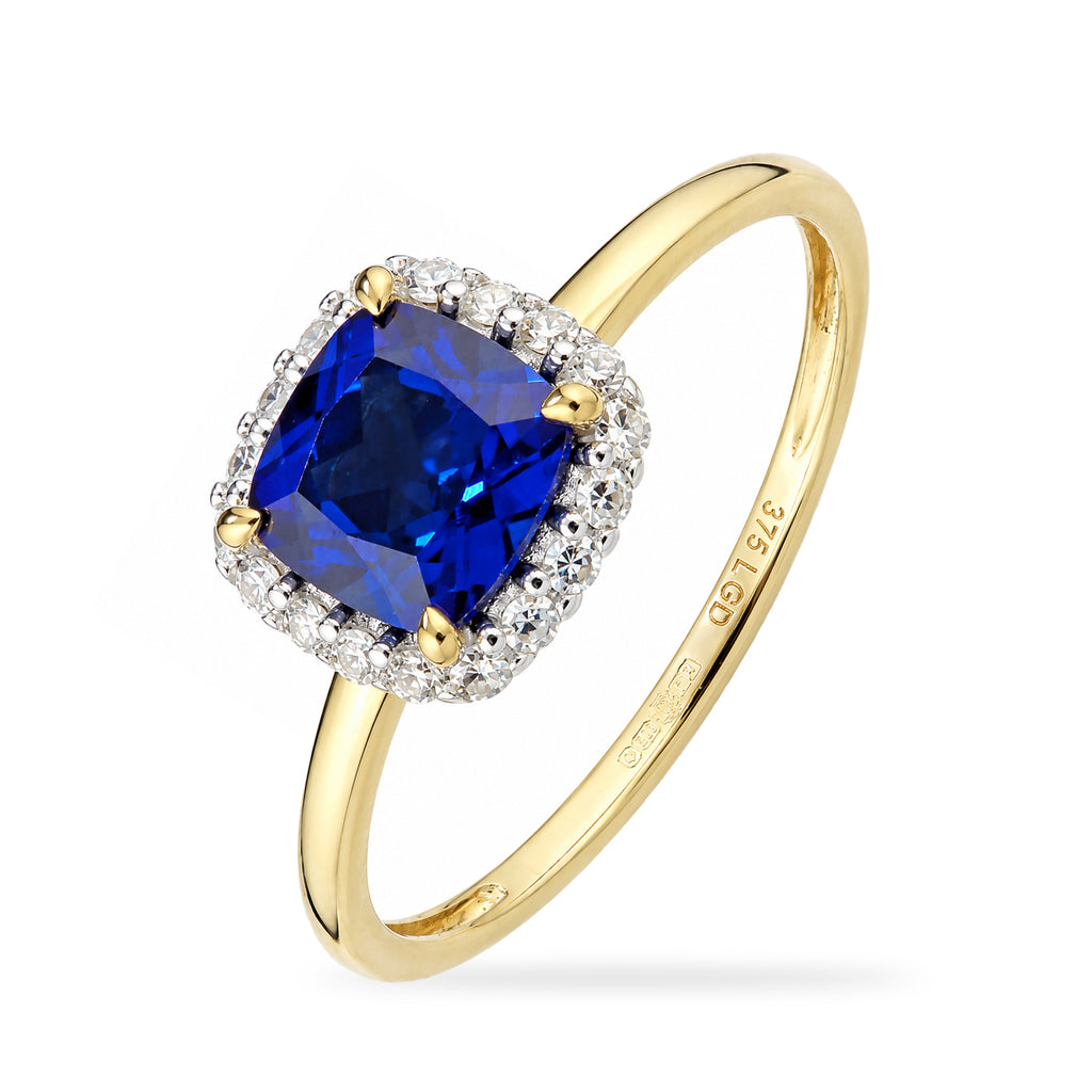 9ct Yellow Gold Lab Cushion Sapphire and Diamond Halo Ring