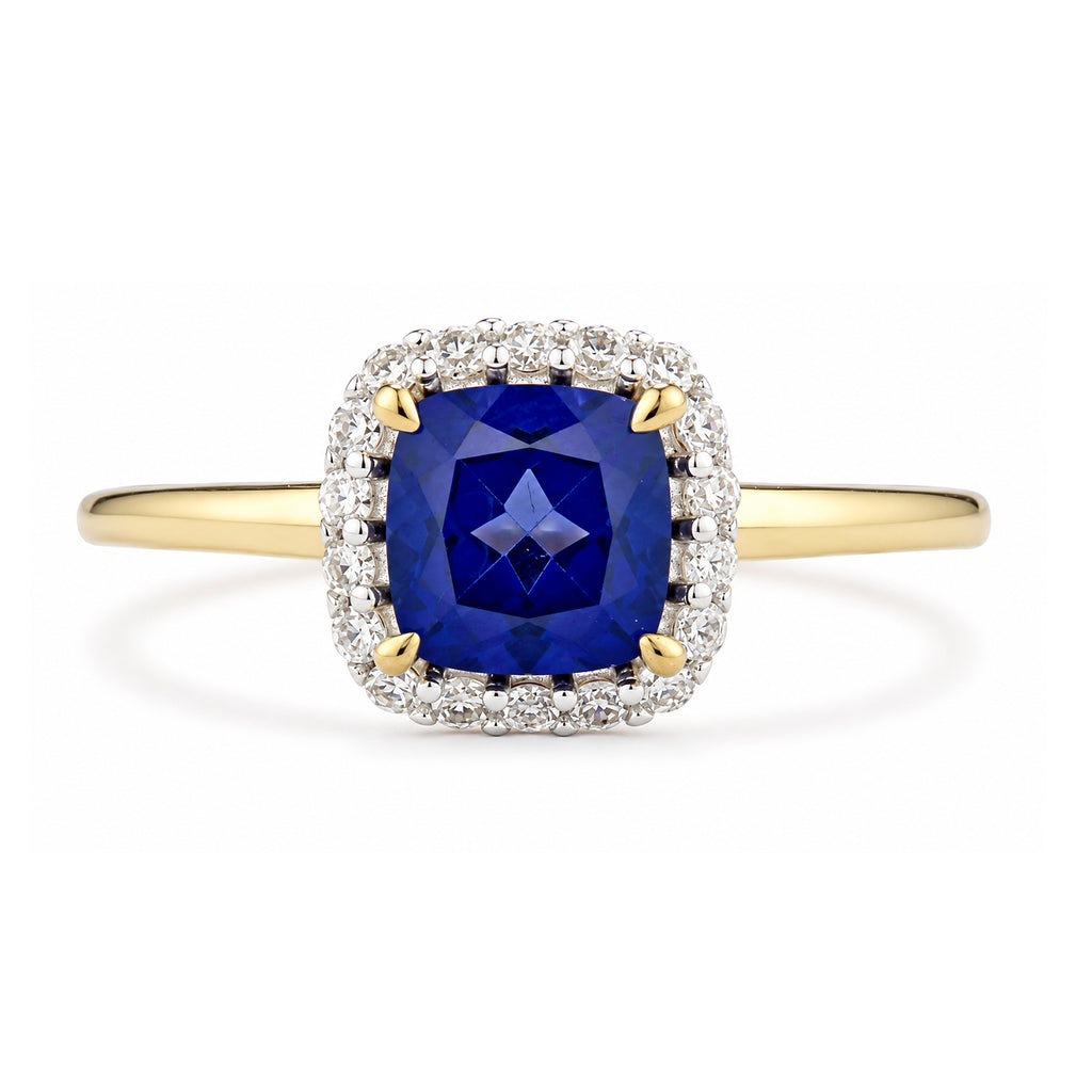 9ct Yellow Gold Lab Cushion Sapphire and Diamond Halo Ring