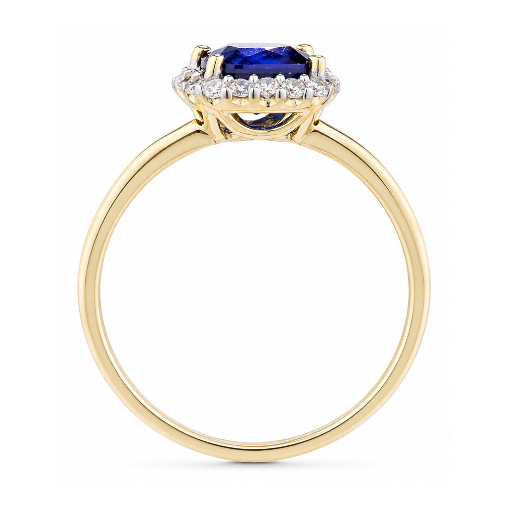 9ct Yellow Gold Lab Cushion Sapphire and Diamond Halo Ring
