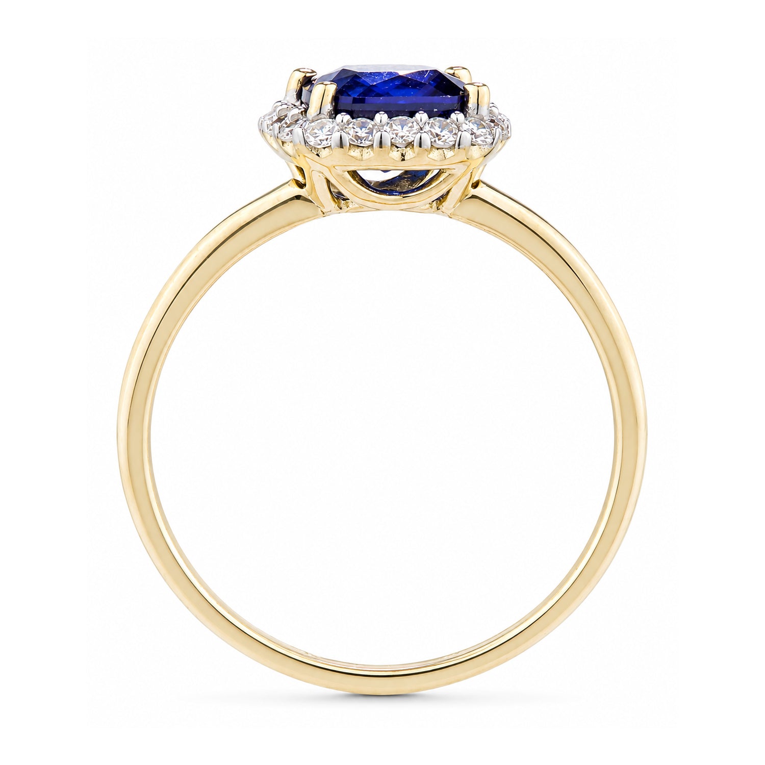 9ct Yellow Gold Lab Cushion Sapphire and Diamond Halo Ring