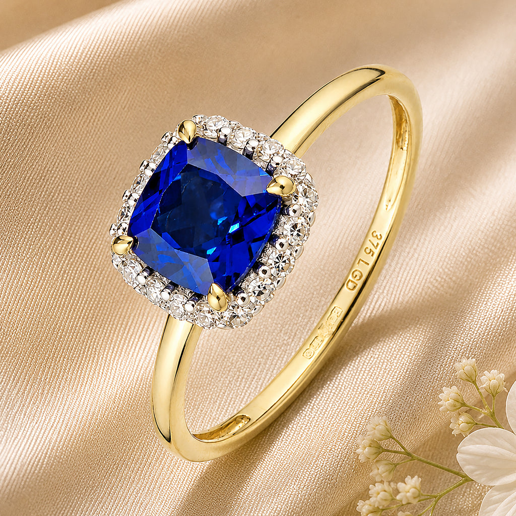 9ct Yellow Gold Lab Cushion Sapphire and Diamond Halo Ring