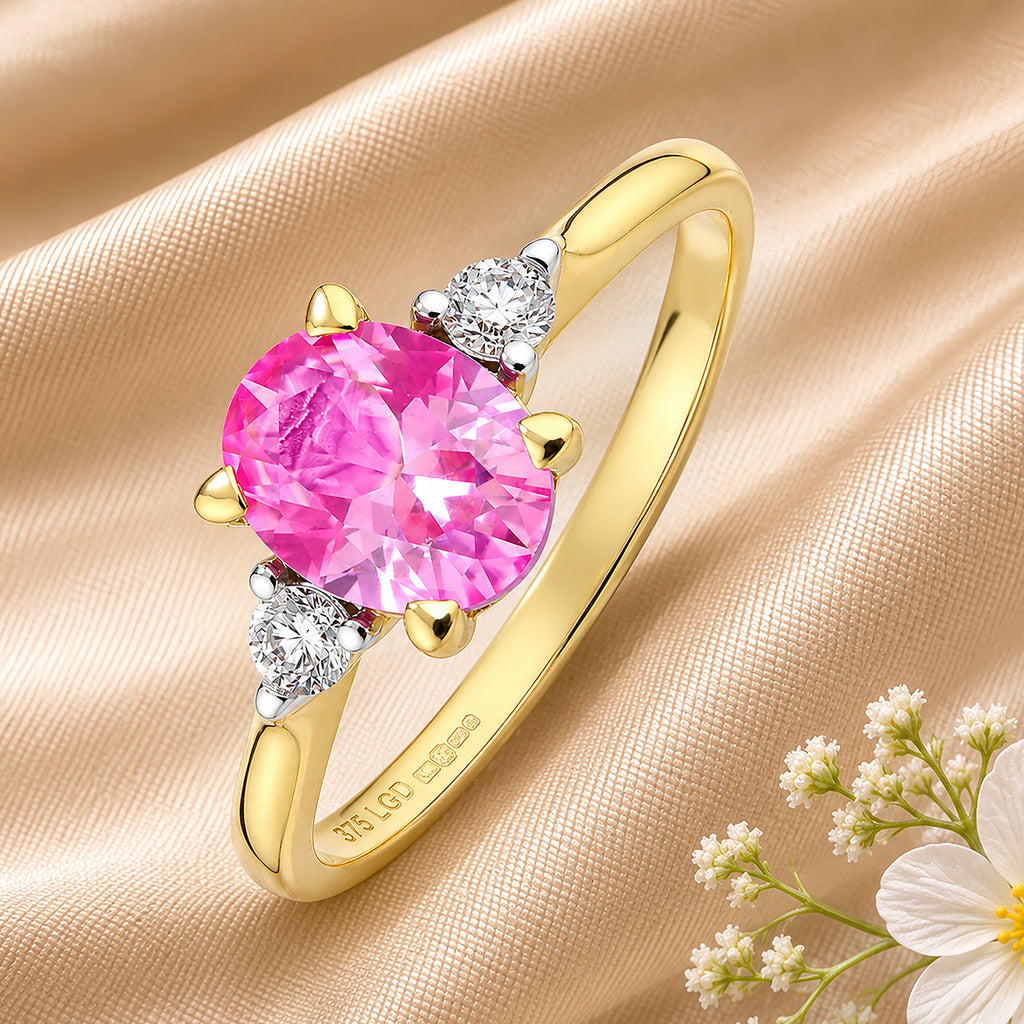 9ct Yellow Gold Lab Pink Sapphire and Diamond Engagement Ring