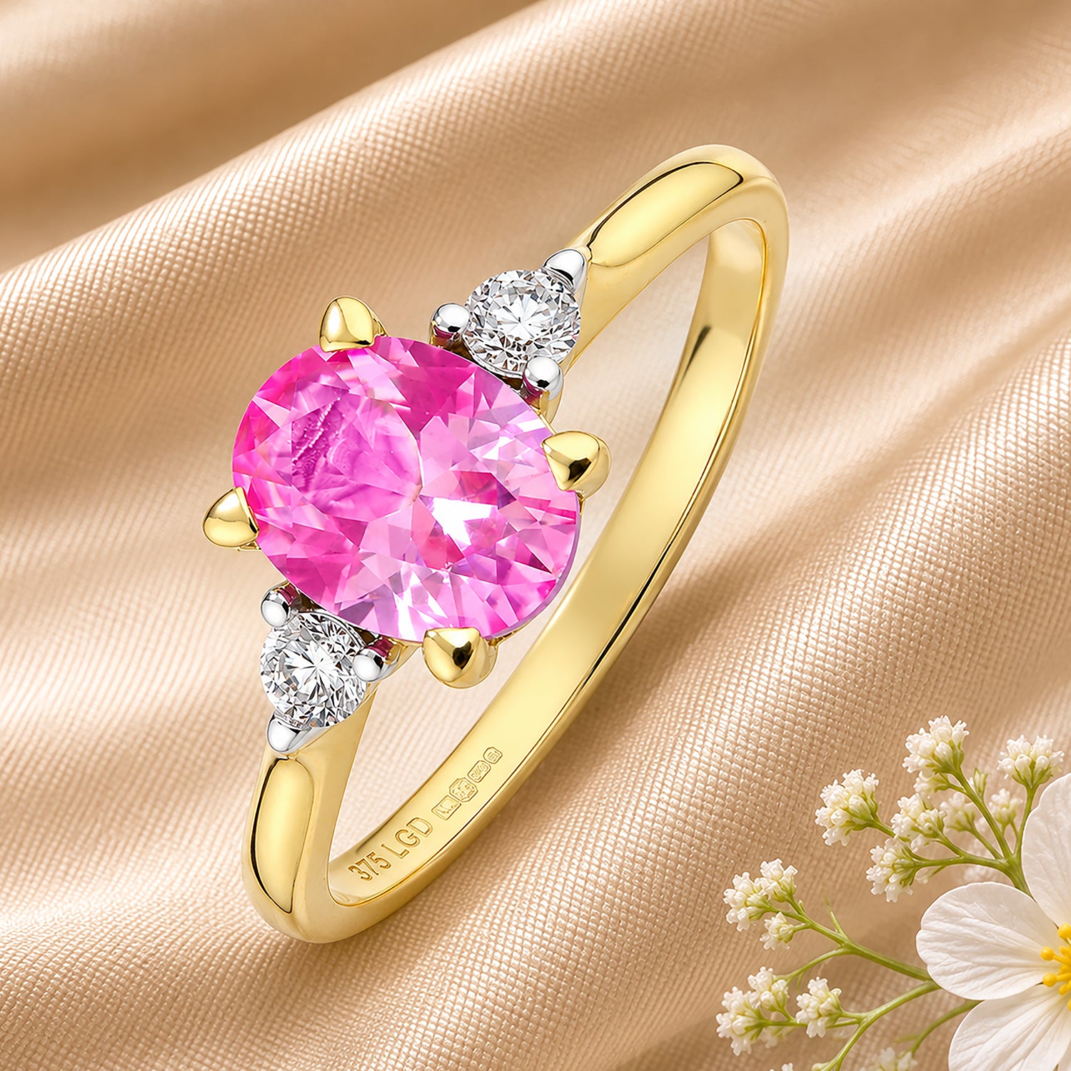 9ct Yellow Gold Lab Pink Sapphire and Diamond Engagement Ring