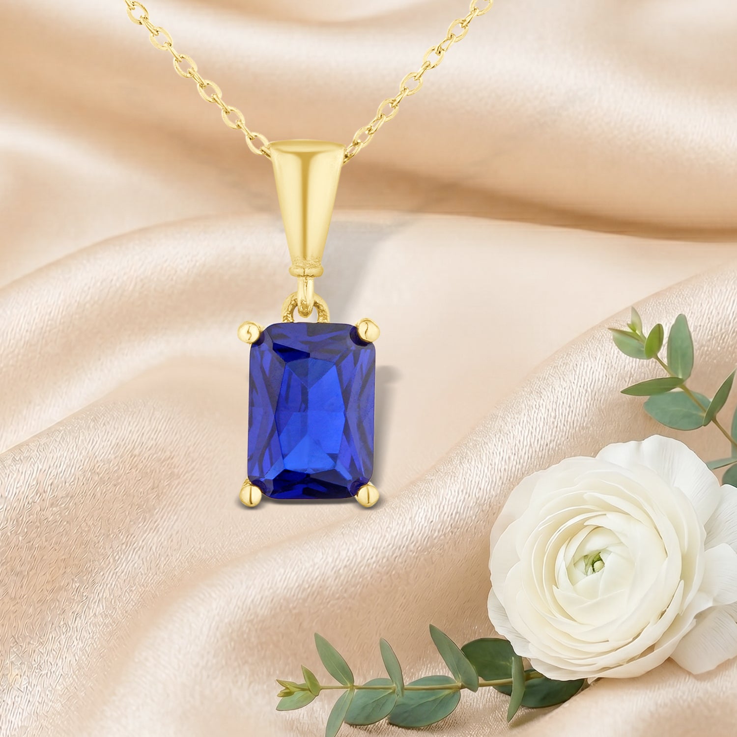 9ct Yellow Gold Emerald Cut Blue Cubic Zirconia Pendant