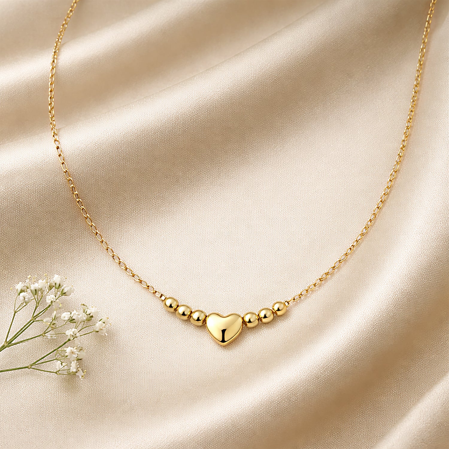 9ct Yellow Gold Heart and Beads on Paperclip Necklace