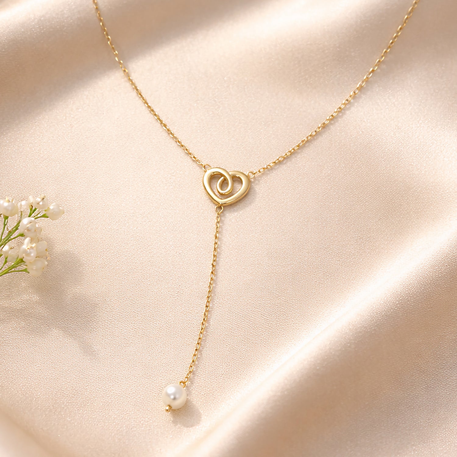 9ct Yellow Gold 18 Inch Heart and Pearl Necklace