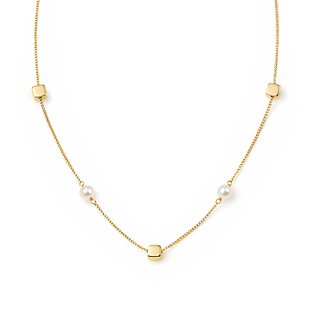 9ct Yellow Gold 18 Inch Cube and Pearl Necklace