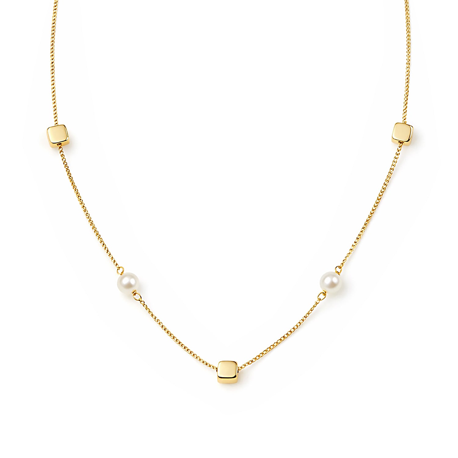 9ct Yellow Gold 18 Inch Cube and Pearl Necklace