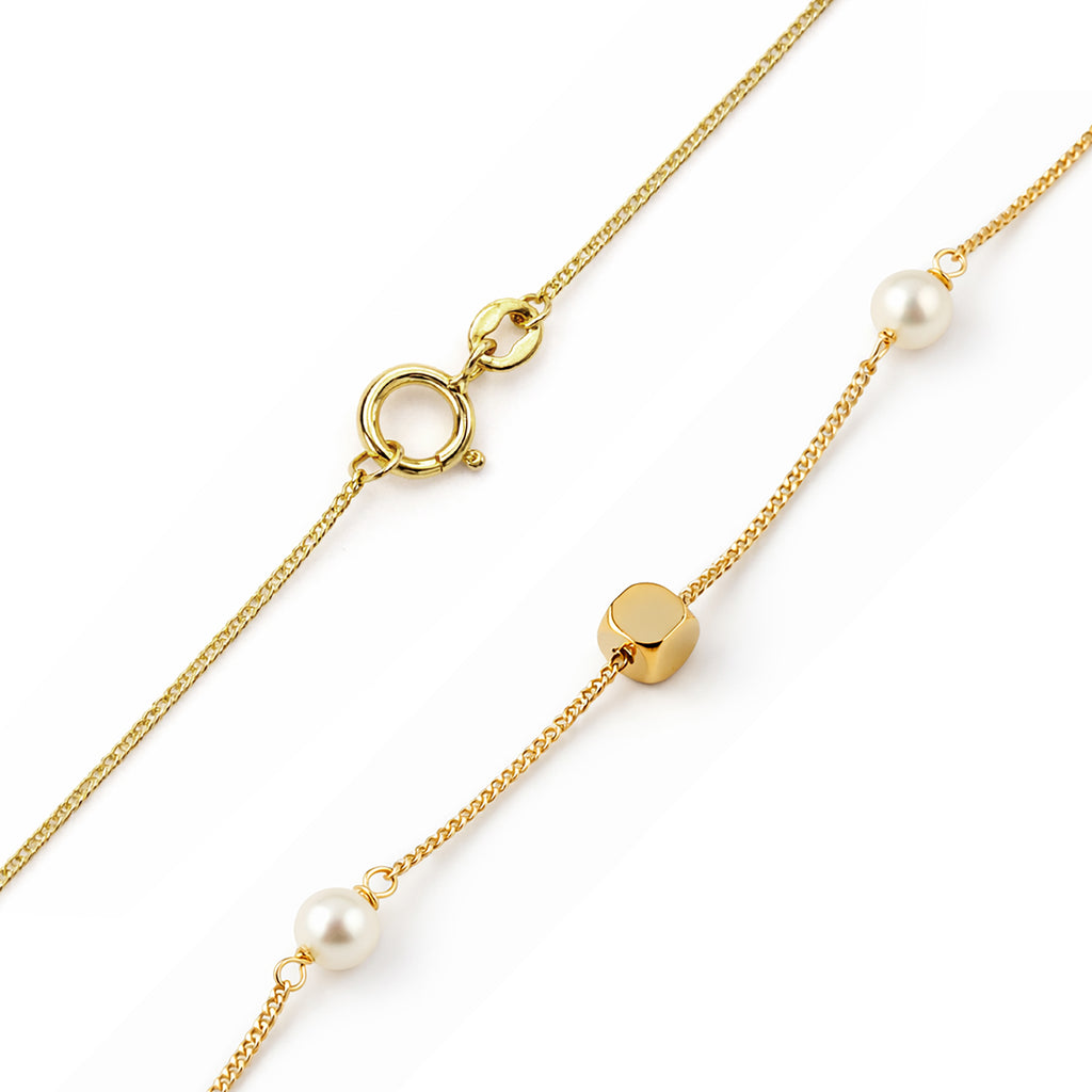 9ct Yellow Gold 18 Inch Cube and Pearl Necklace