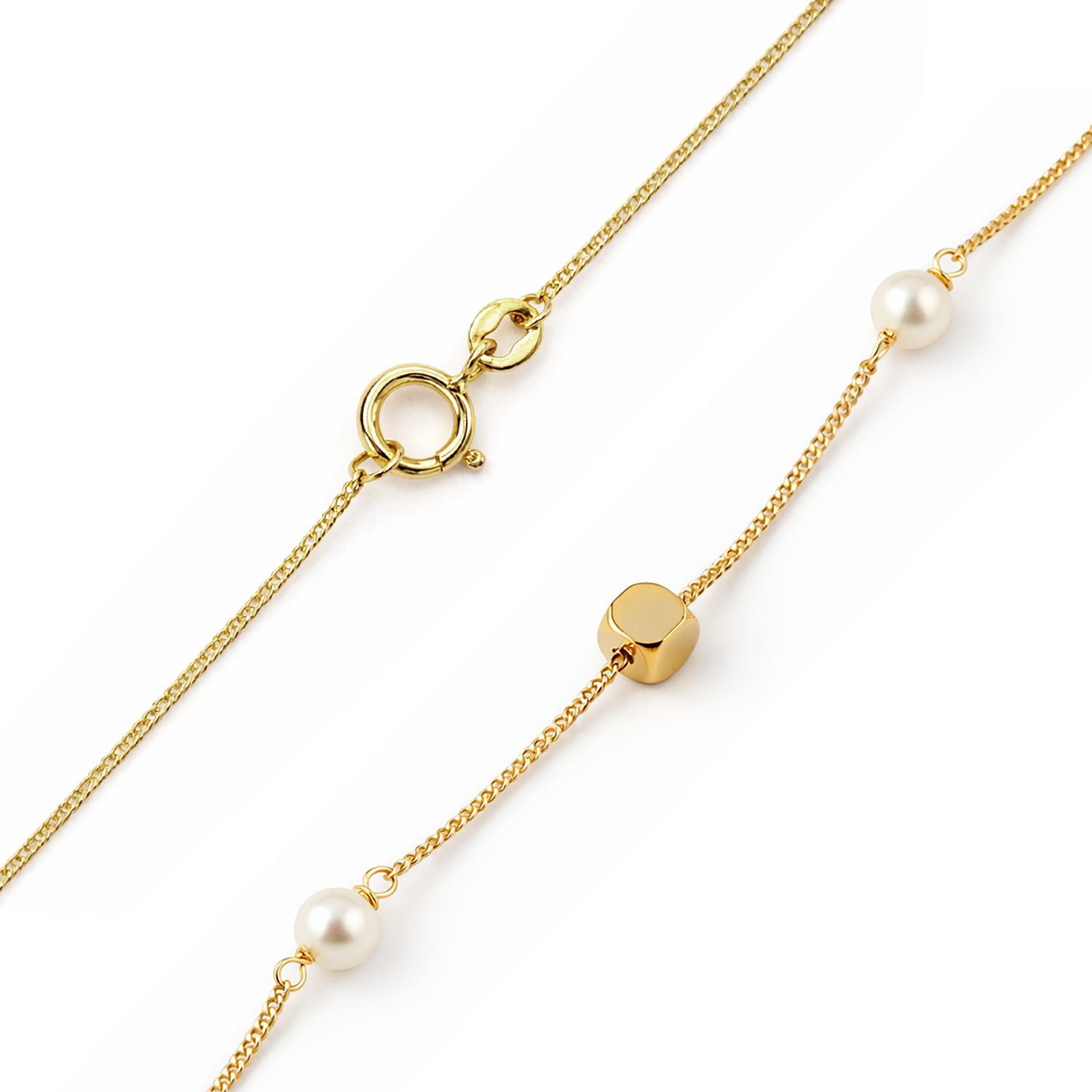 9ct Yellow Gold 18 Inch Cube and Pearl Necklace