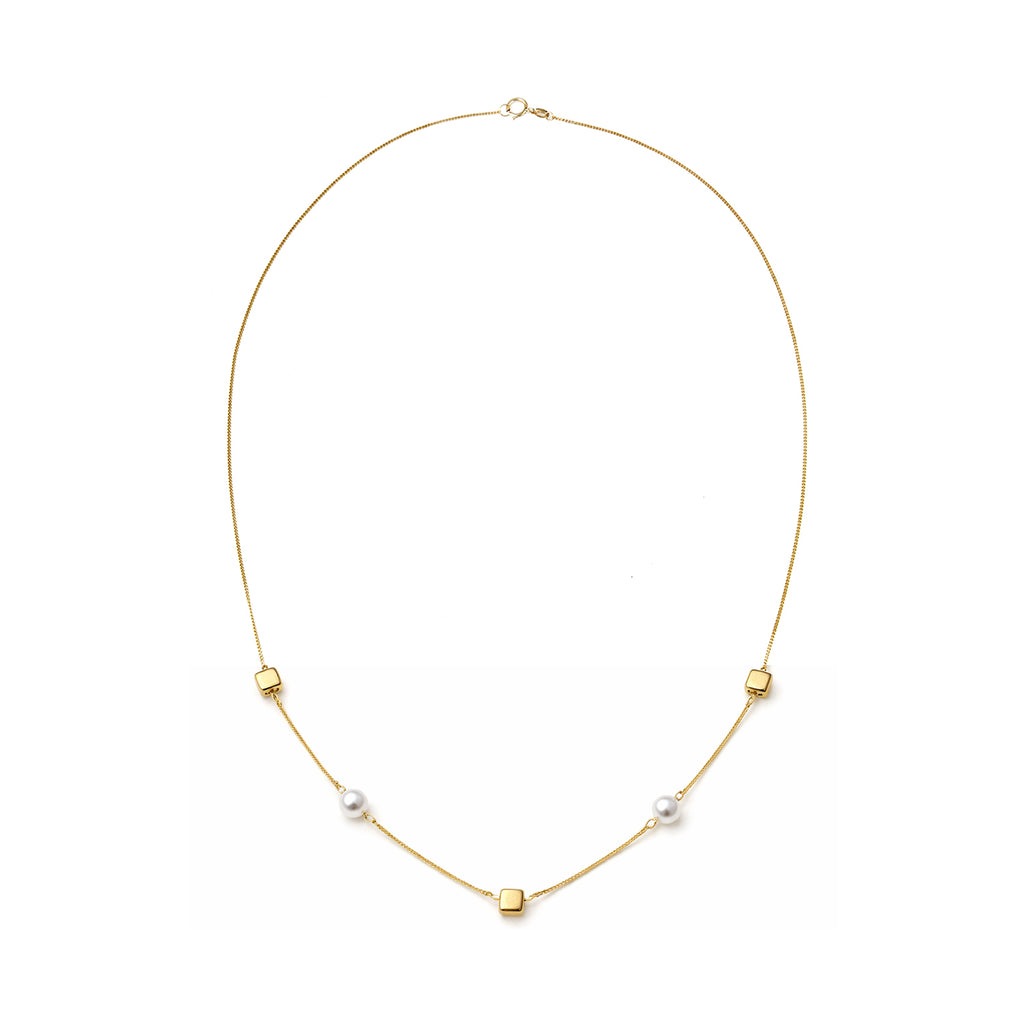 9ct Yellow Gold 18 Inch Cube and Pearl Necklace