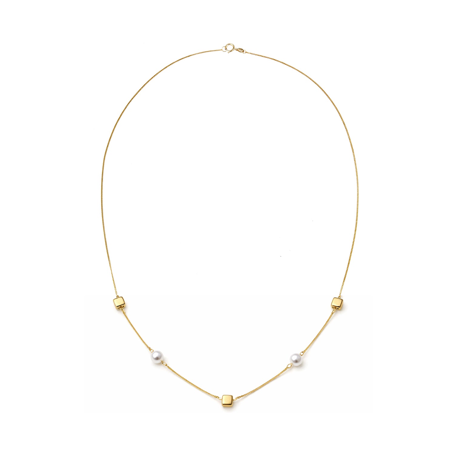 9ct Yellow Gold 18 Inch Cube and Pearl Necklace